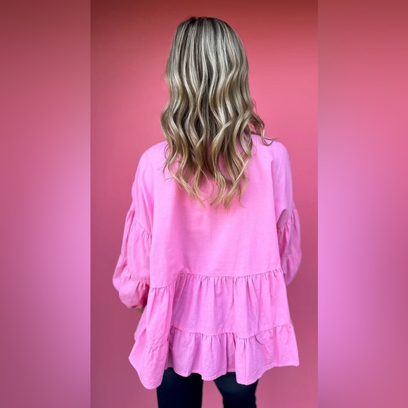 Pink Tiered Balloon Sleeve Blouse | Large (fits up to XXL) | Oversized - Picture 3 of 10